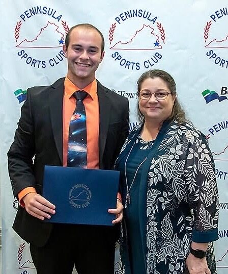 HRA alumnus Zack Caulford '25 celebrates with his mother, Lower School music teacher Erika Caulford, at the Peninsula Sports Club's 2025 Headliner's Night