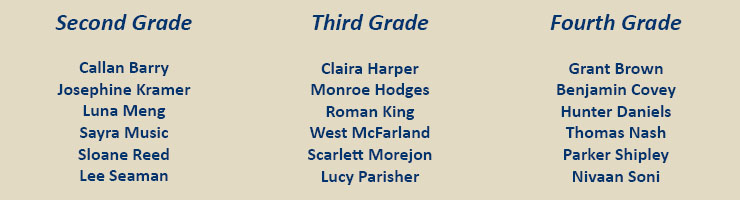 HRA's Lower School representatives for 2025-2026: second graders Callan Barry, Josephine Kramer, Luna Meng, Sayra Music, Sloane Reed, and Lee Seaman; third graders Claira Harper, Monroe Hodges, Roman King, West McFarland, and Scarlett Morejon; and fourth graders Grant Brown, Benjamin Covey, Hunter Daniels, Thomas Nash, Parker Shipley, Nivaan Soni, and Lucy Parisher
