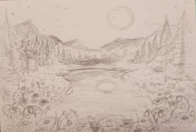 An original sketch for a client completed by HRA senior Ellen Owen '26 while working with professional artist Carolee Vitaletti